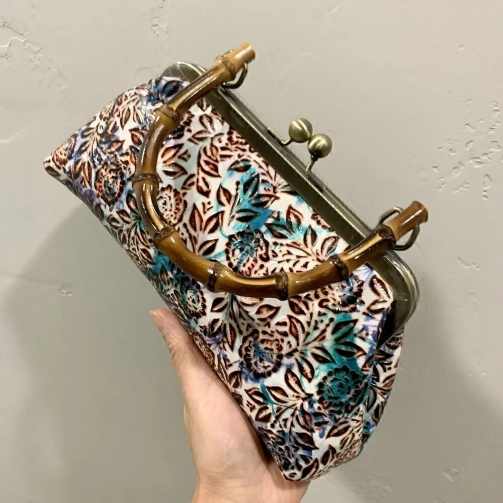 Handmade Genuine Leather Floral Embossed Real bamboo Handle Satchel/Crossbody
